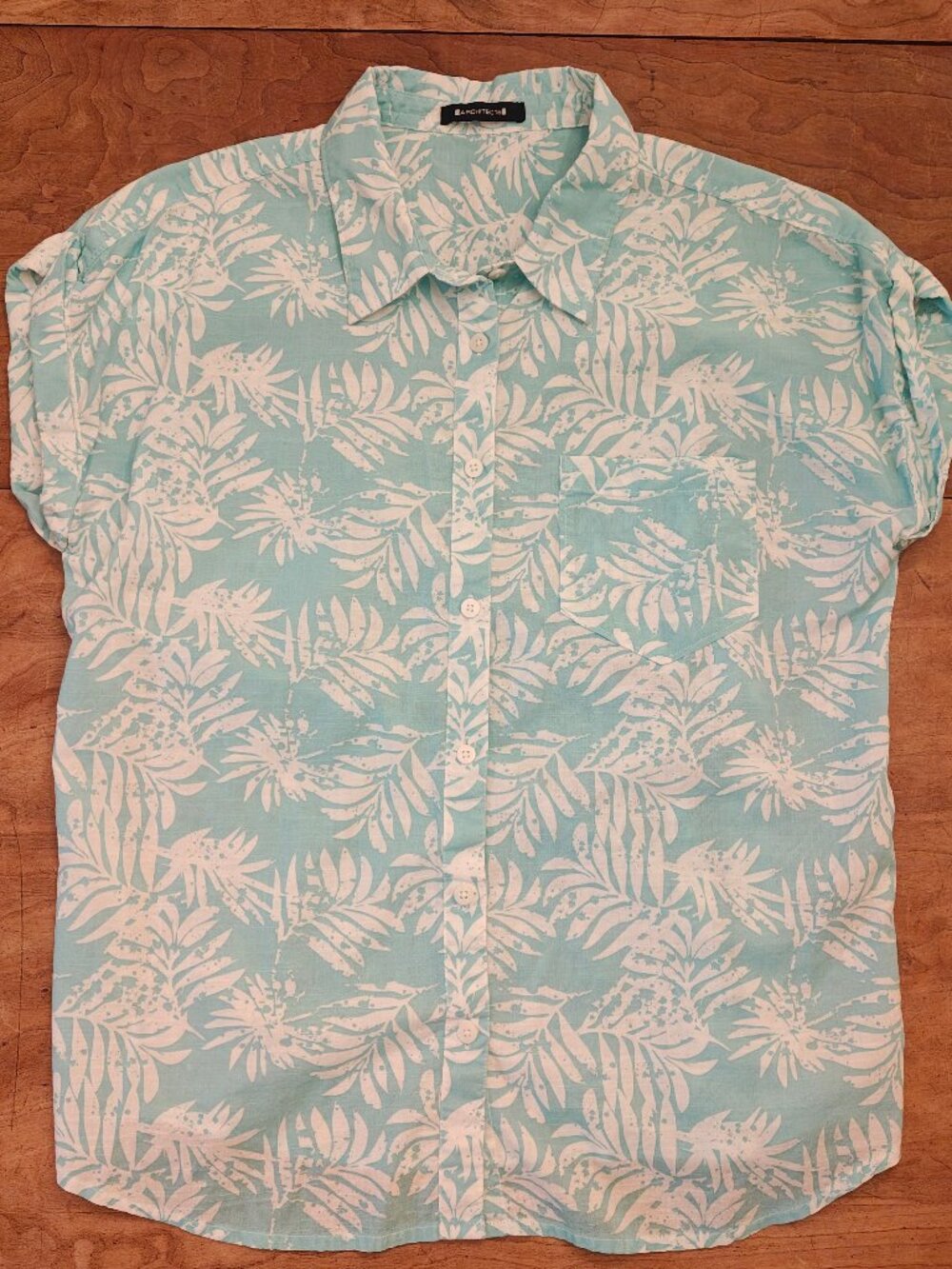 Architect Tropical Button‑Up Shirt – TurquoisePalm Leaf Print – Women’s Large